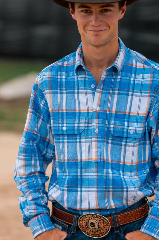 Mens Half Button Shirt - Blue & Orange Seersucker