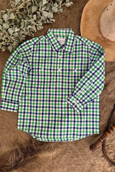 Boys - Half Button - Long Sleeve Shirt - Blue & Green Gingham