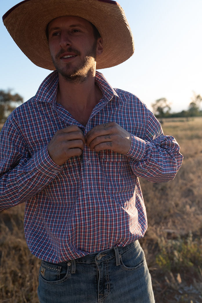 Mens Half Button Shirt - Red & Blue Check