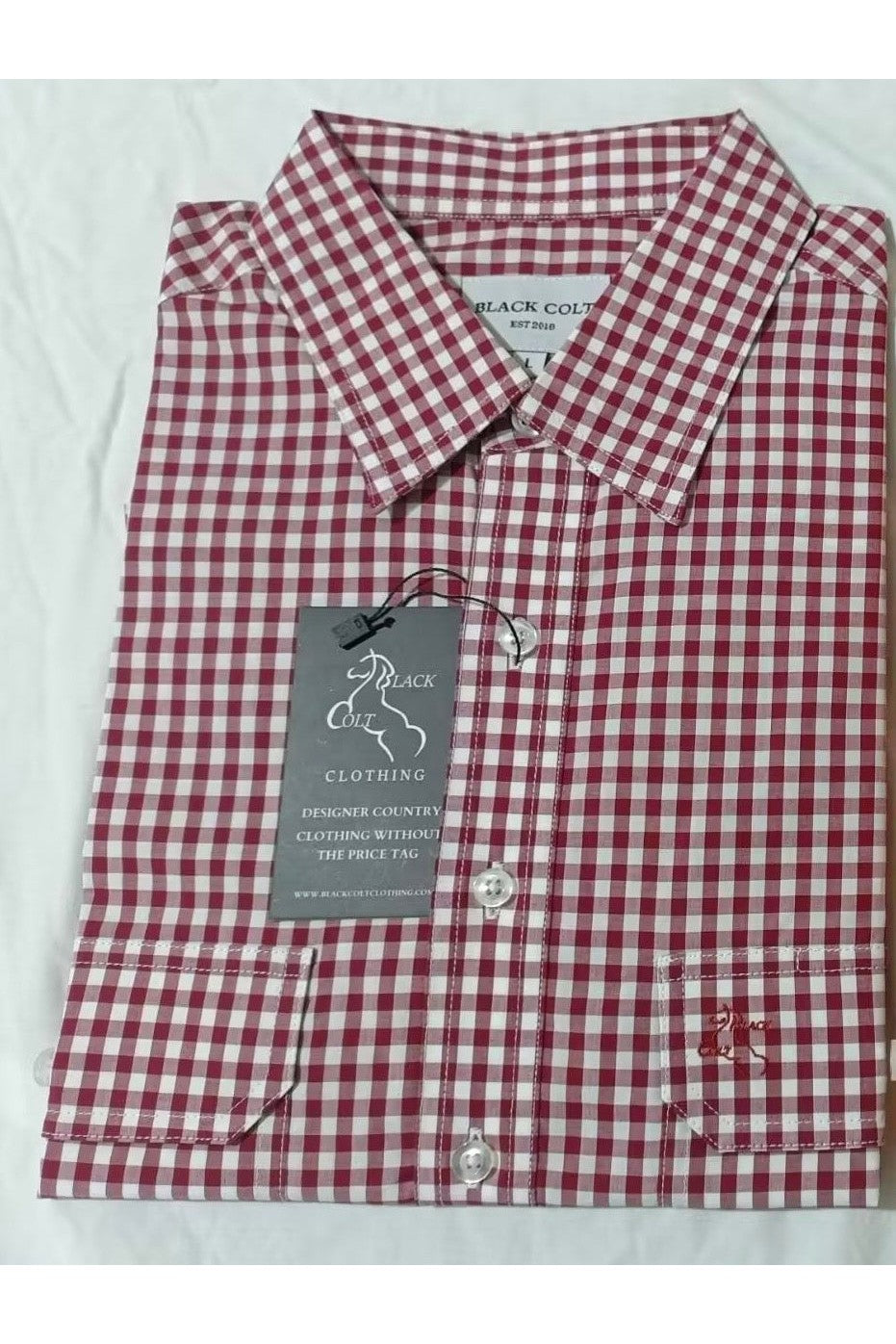 Mens Half Button Shirt - Red Wine Gingham