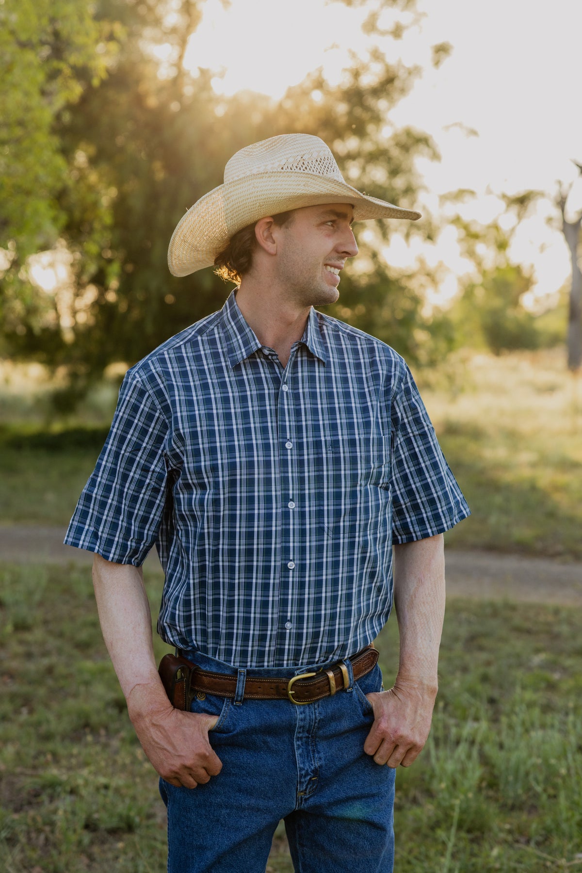 Men's Short Sleeve Shirt - Green & Navy Check
