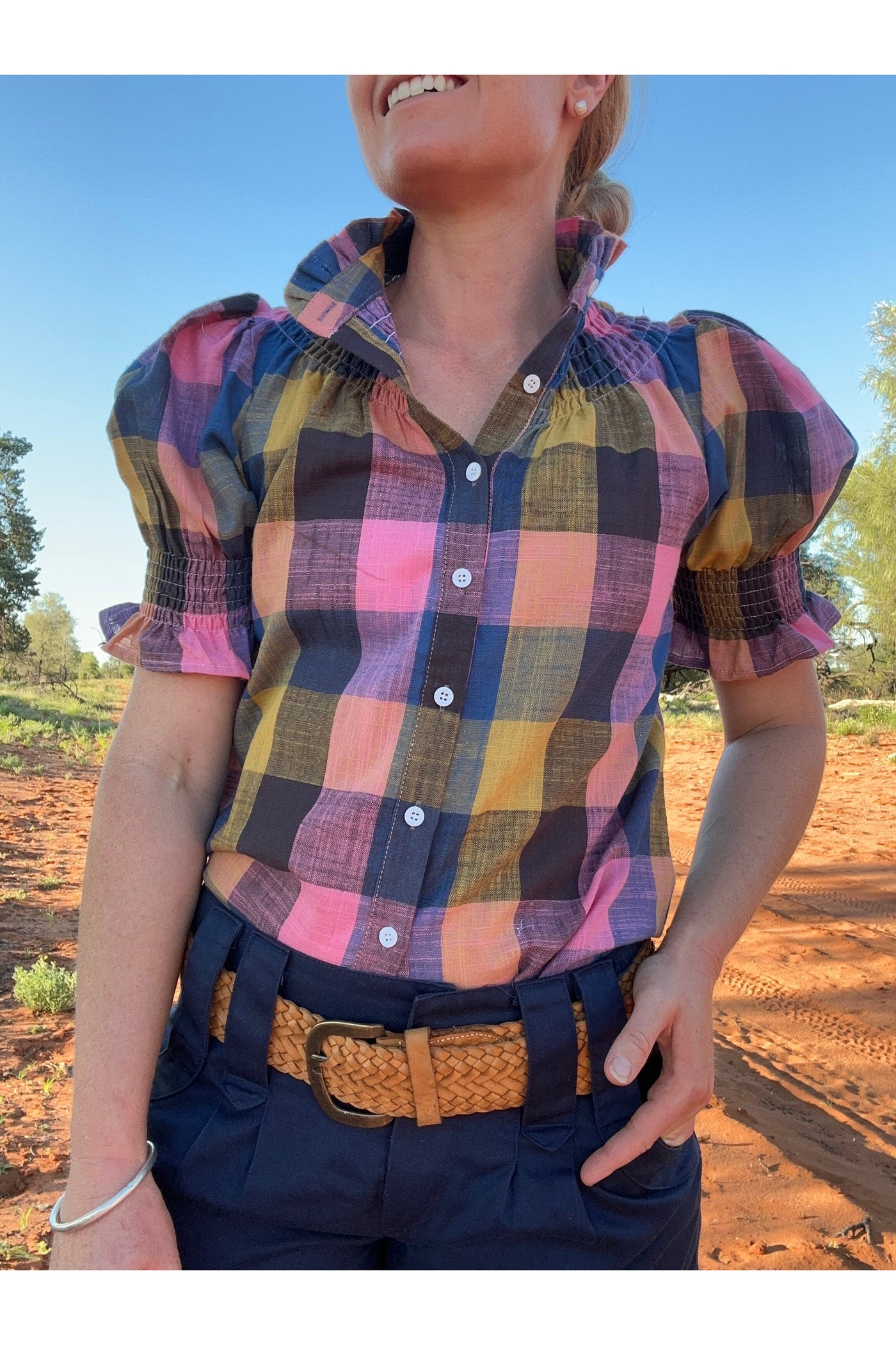 Women's Short Sleeve Shirt - Blue, Pink and Orange Check | Flattering & Durable for Women on the Go