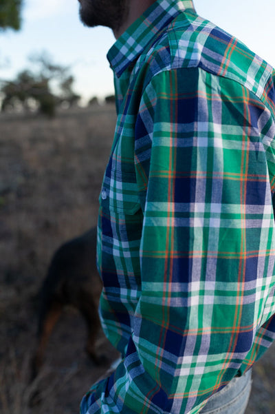 Mens Half Button Shirt - Green, Blue & Orange Plaid