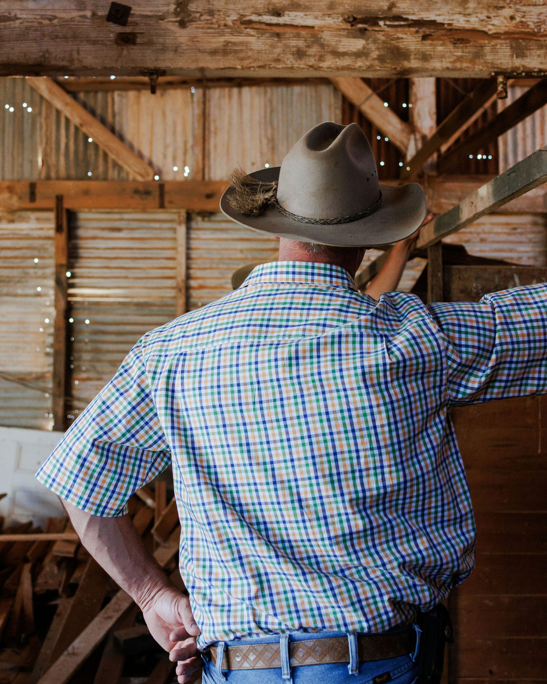 Mens Short Sleeve - Orange, Green & Blue Check