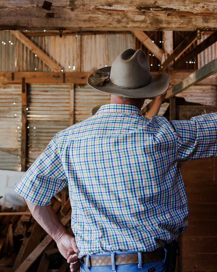 Mens Short Sleeve - Orange, Green & Blue Check