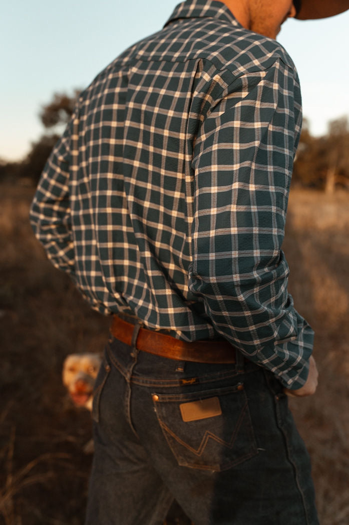 Mens Half Button Shirt - Navy Check Seersucker