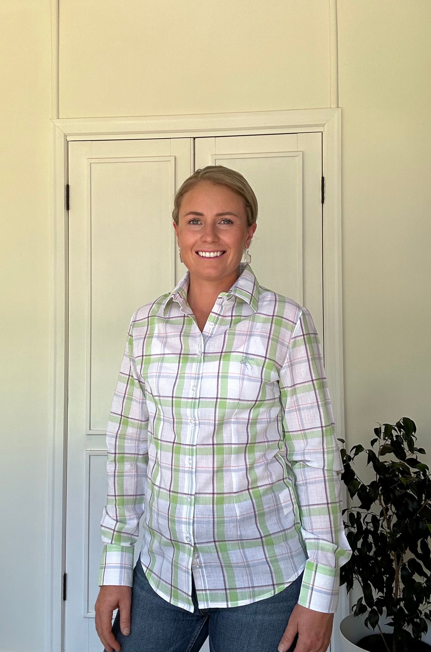 Jane Shirt - Green, white & purple check