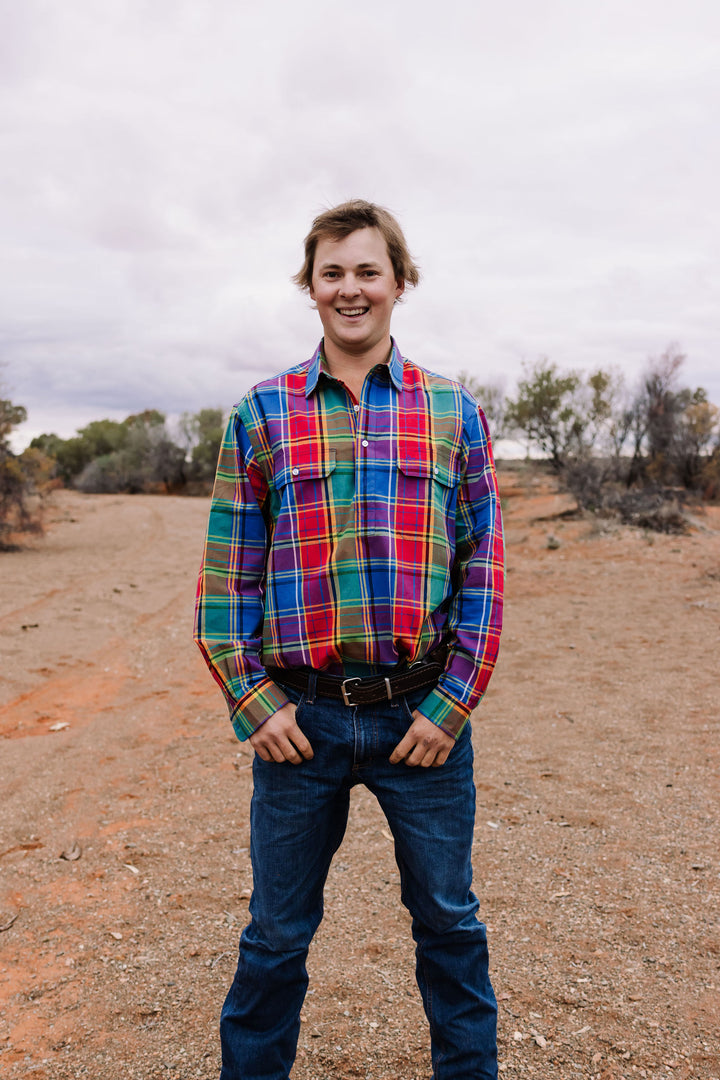 Mens Half Button - Rainbow Check