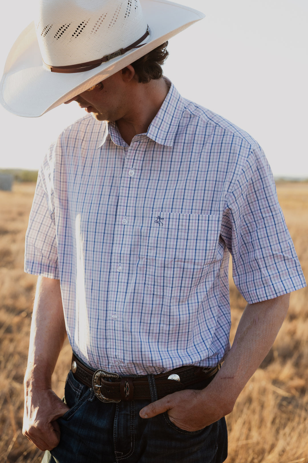 Mens Short Sleeve | Full Button | Blue & pink Check