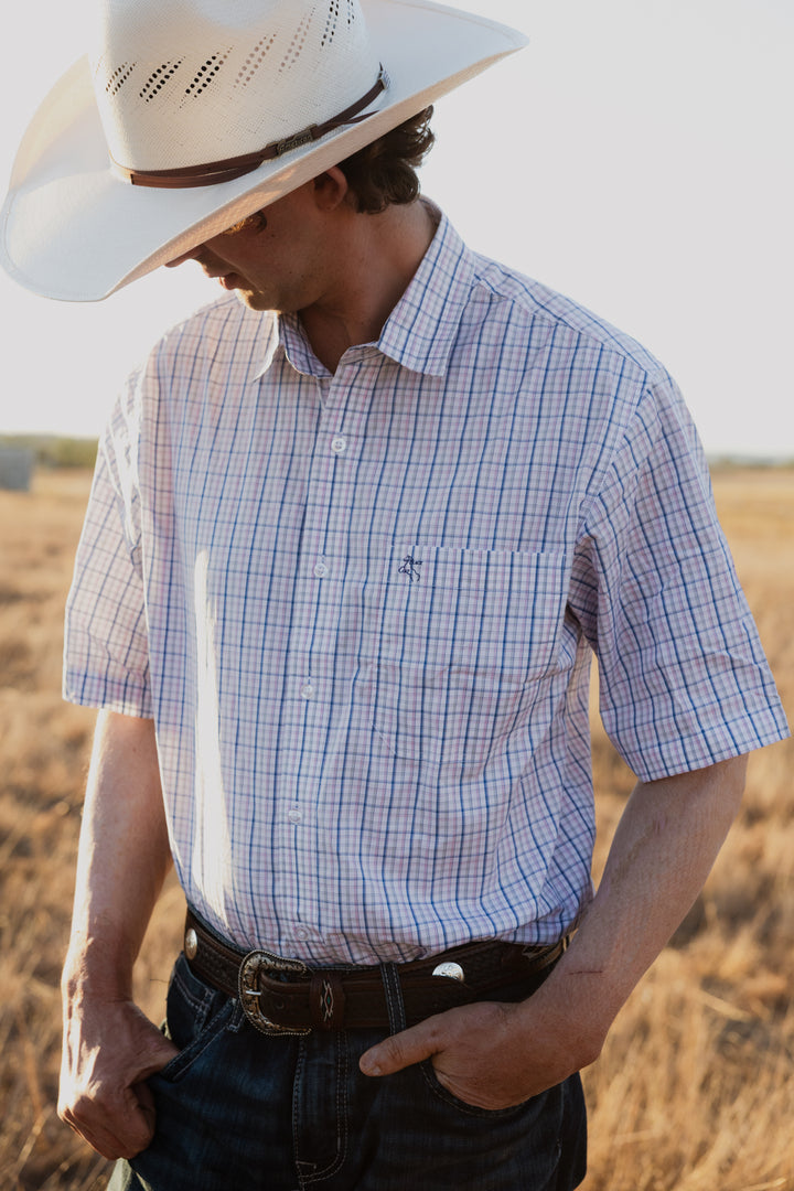 Mens Short Sleeve | Full Button | Blue & pink Check
