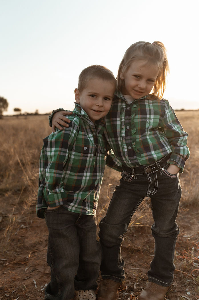 Boys - Half Button - Green, Blue & Orange Plaid