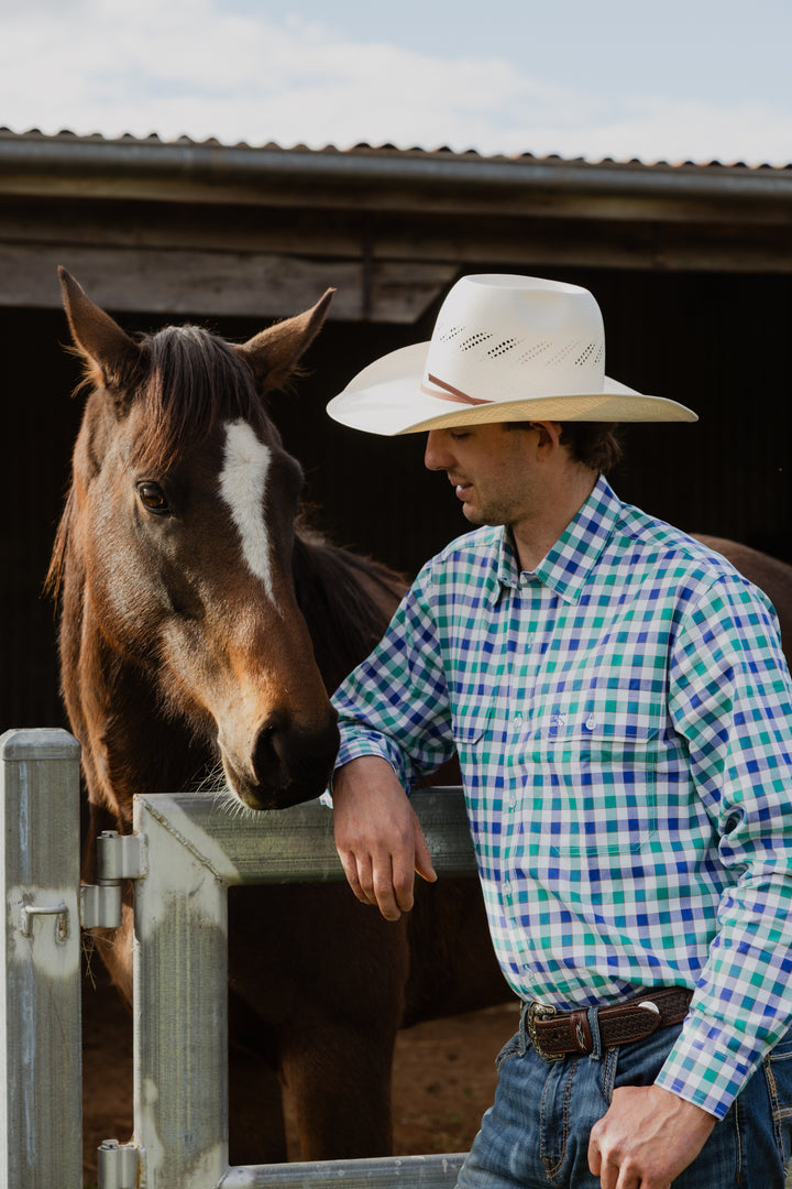 Mens Long Sleeve | FULL button | Blue/Aqua Check