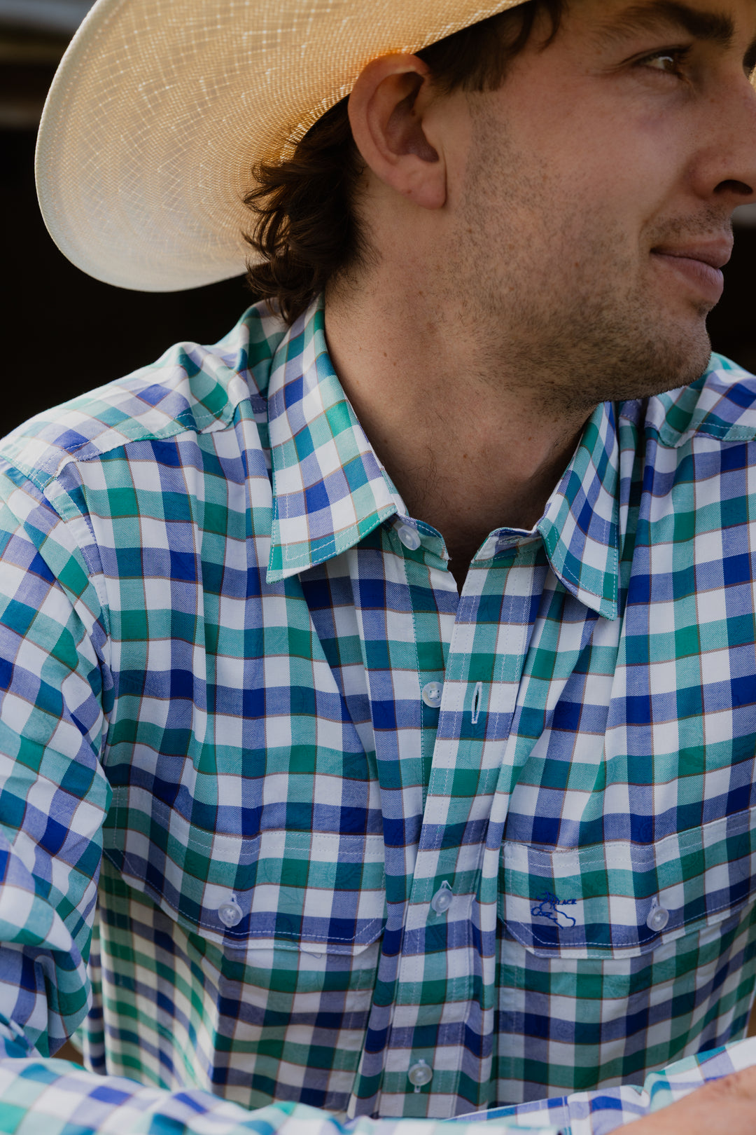 Mens Long Sleeve | FULL button | Blue/Aqua Check