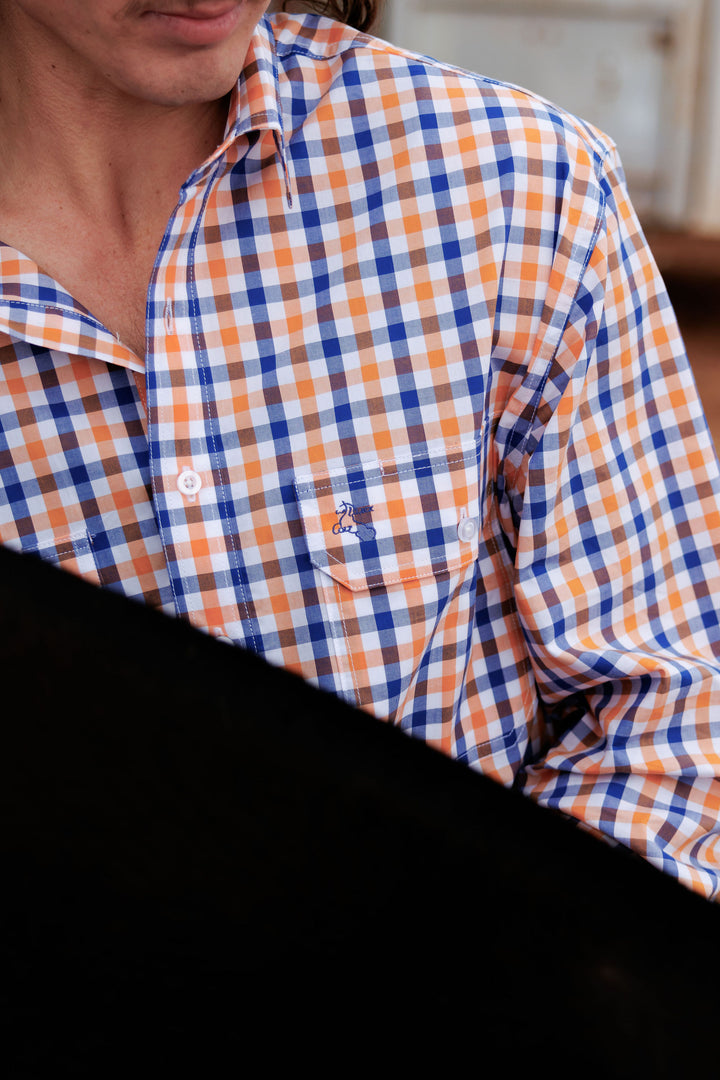 Mens Half Button Shirt - Orange & Blue Check