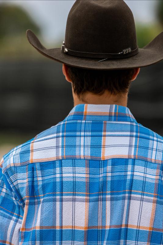 Mens Half Button Shirt - Blue & Orange Seersucker