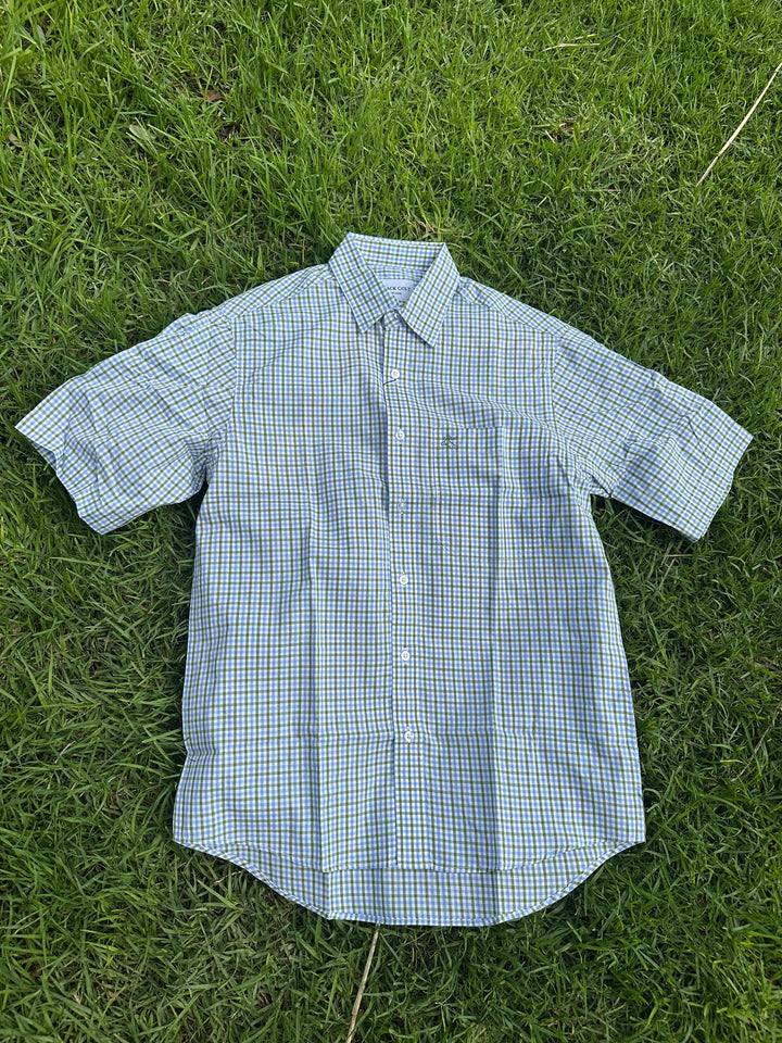 Mens Short Sleeve | Full Button | Blue & Green Gingham