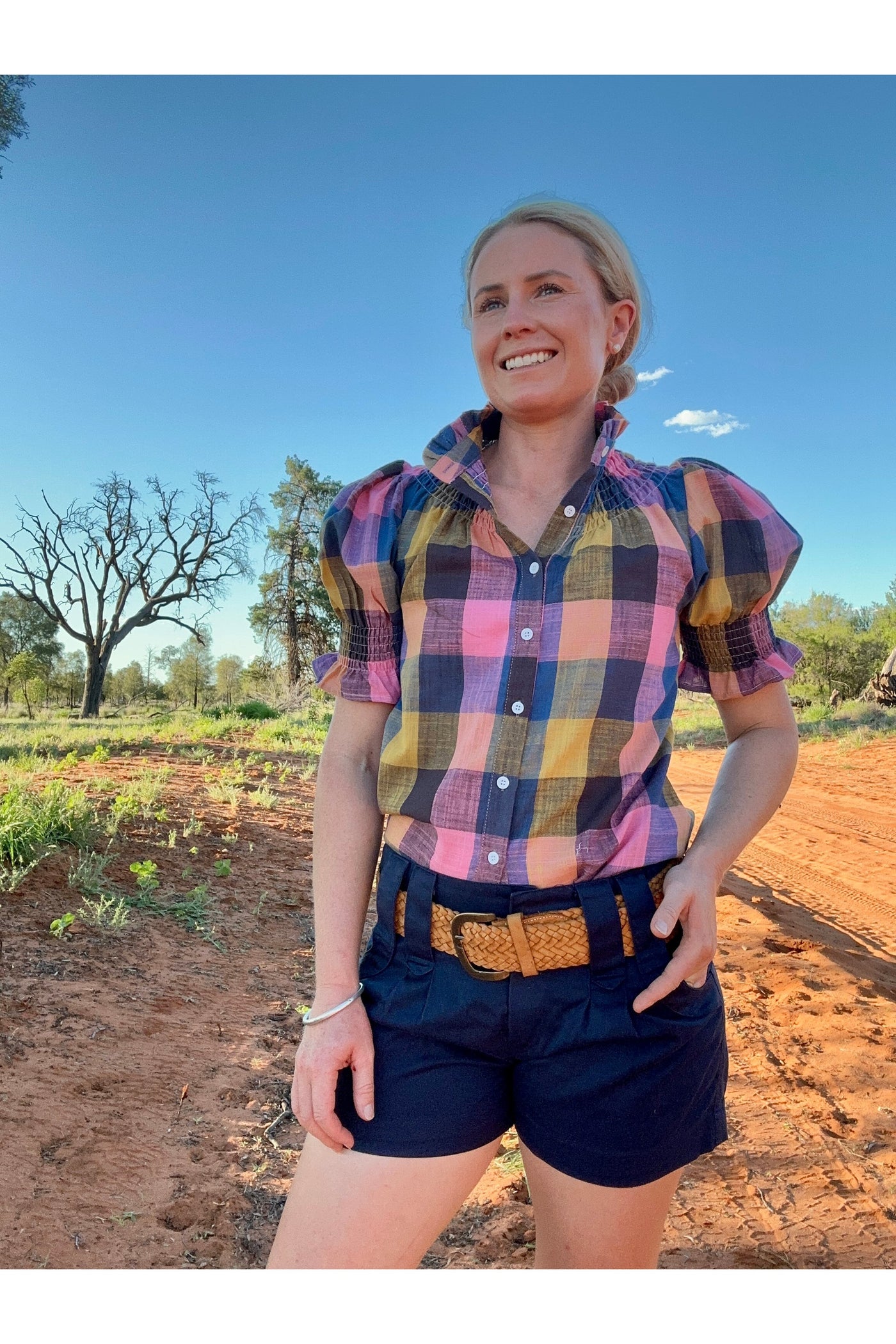 Women's Short Sleeve Shirt - Blue, Pink and Orange Check | Flattering & Durable for Women on the Go