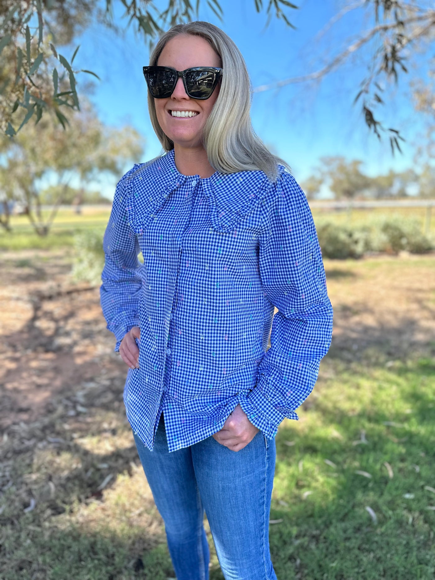 Clementine Long Sleeve Shirt - Blue Gingham