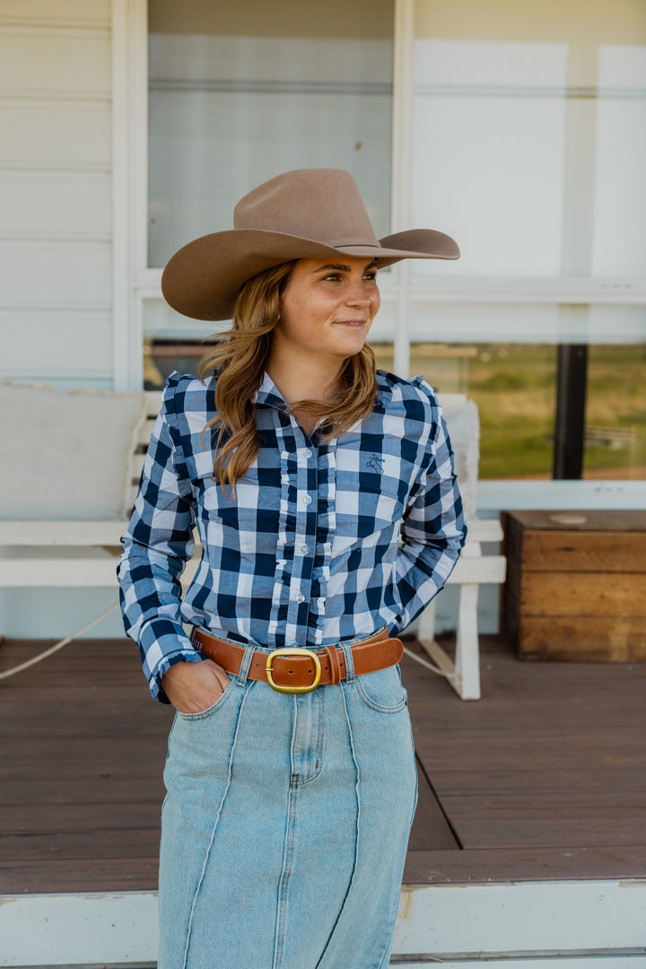 Sara Shirt - Navy Check | Versatile & Durable for All-Day Wear