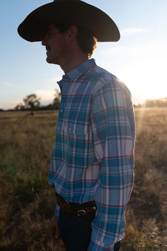 Mens Half Button Shirt - Blue & Pink Seersucker