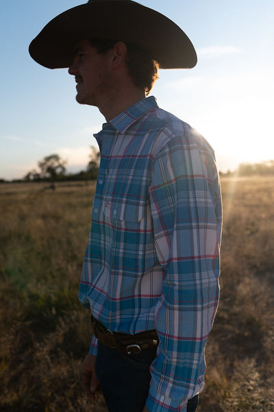 Mens Half Button Shirt - Blue & Pink Seersucker