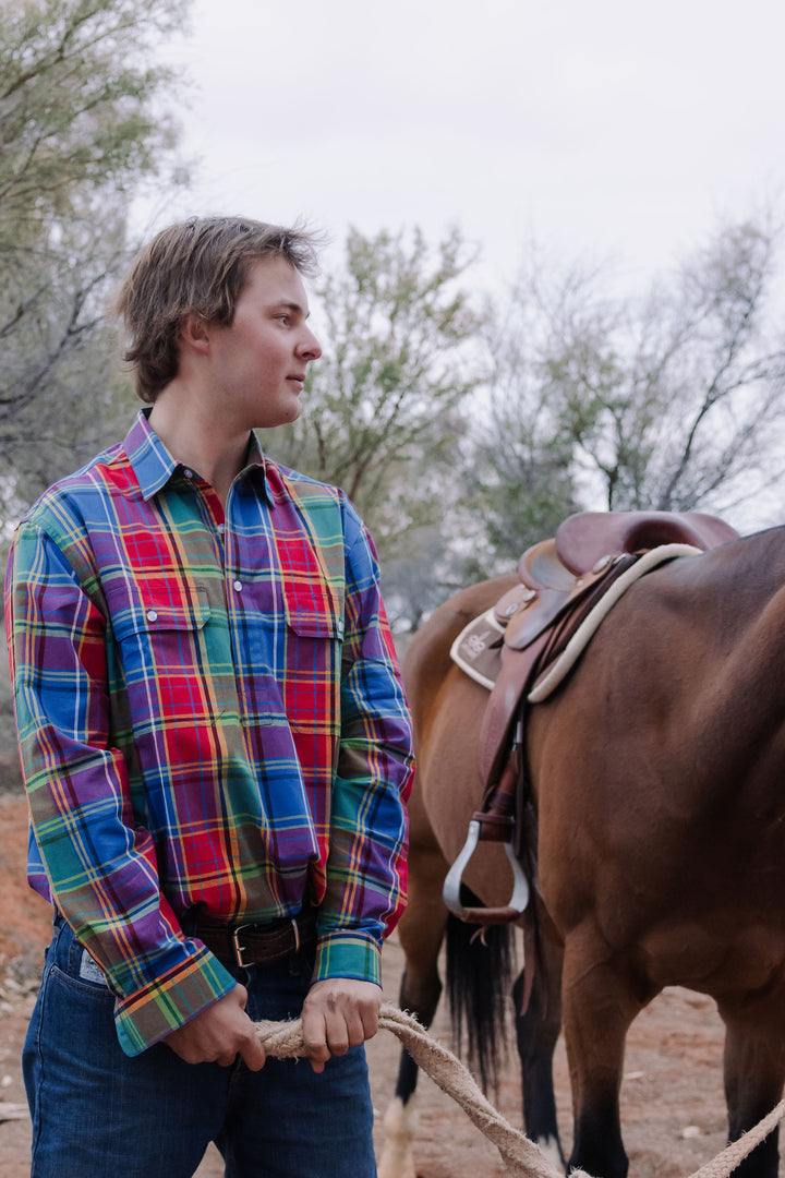 Mens Half Button - Rainbow Check
