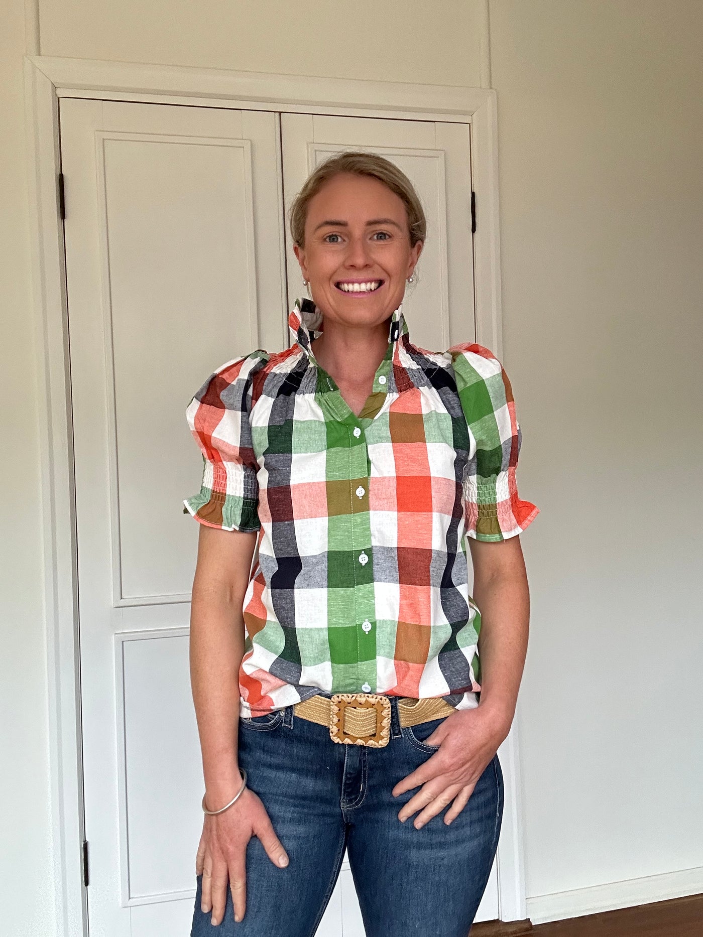 Women's Short Sleeve Shirt - Red & Green Check | Flattering & Durable for Women on the Go