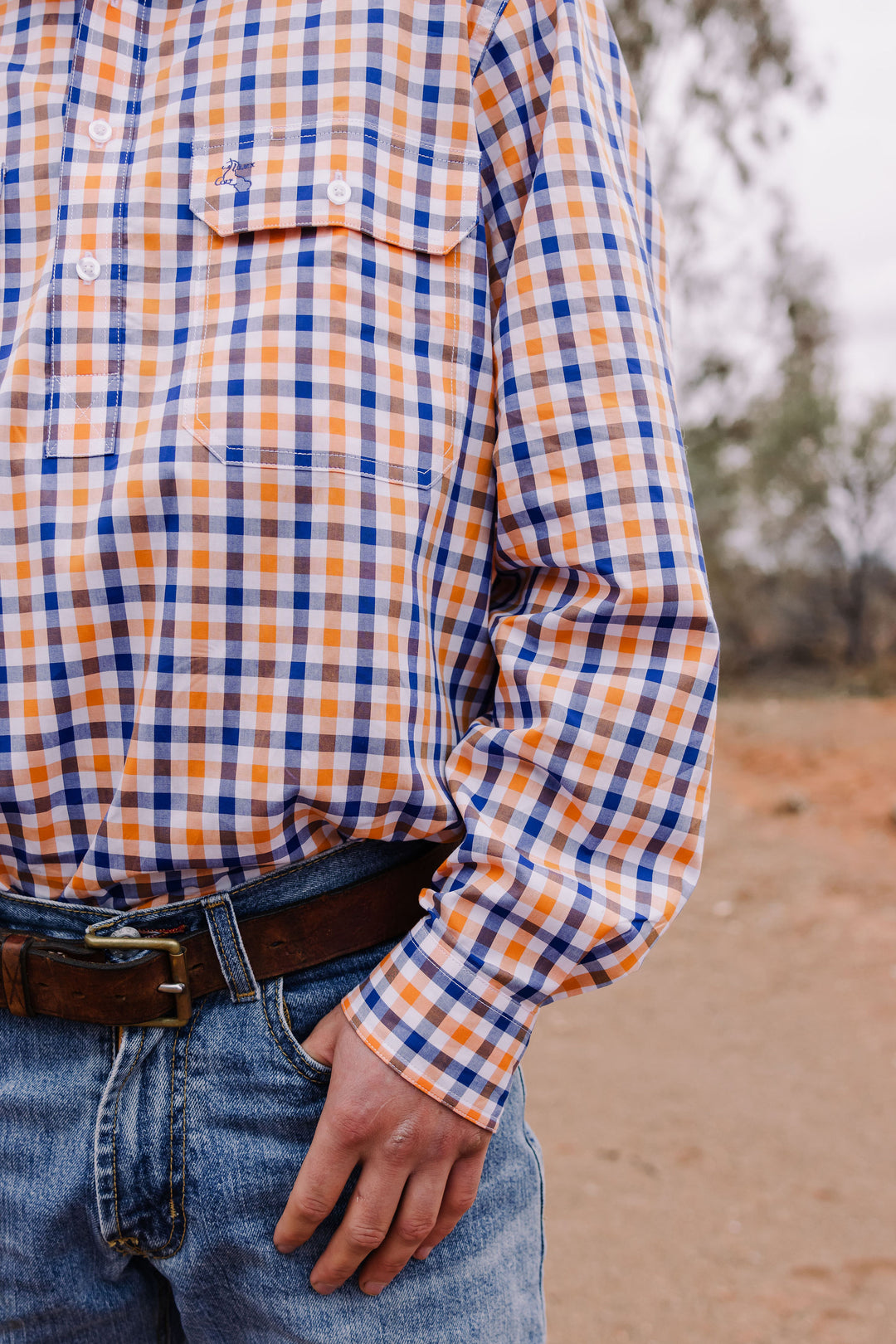 Mens Half Button Shirt - Orange & Blue Check