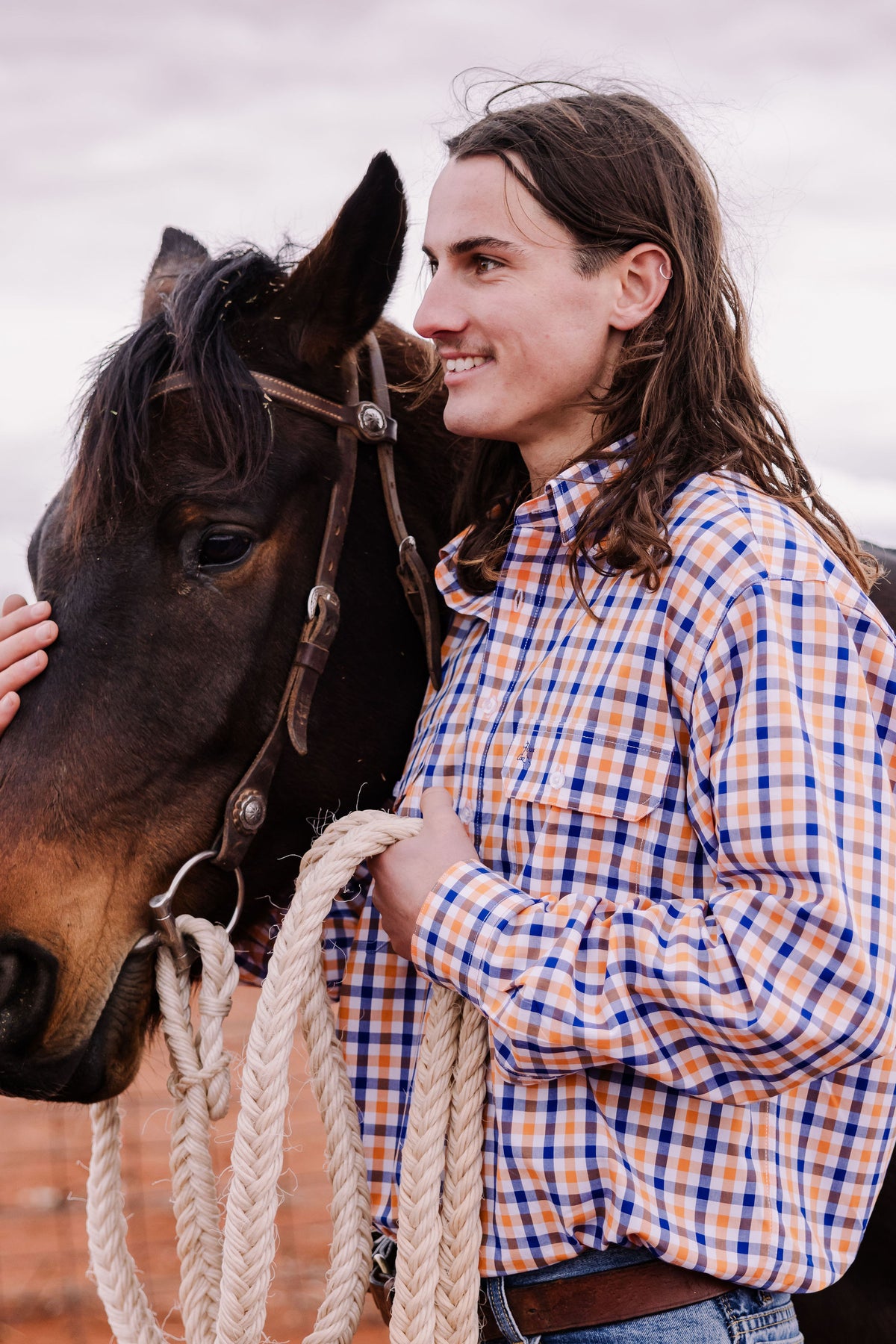 Men's Half Button Shirt - Orange & Blue Check