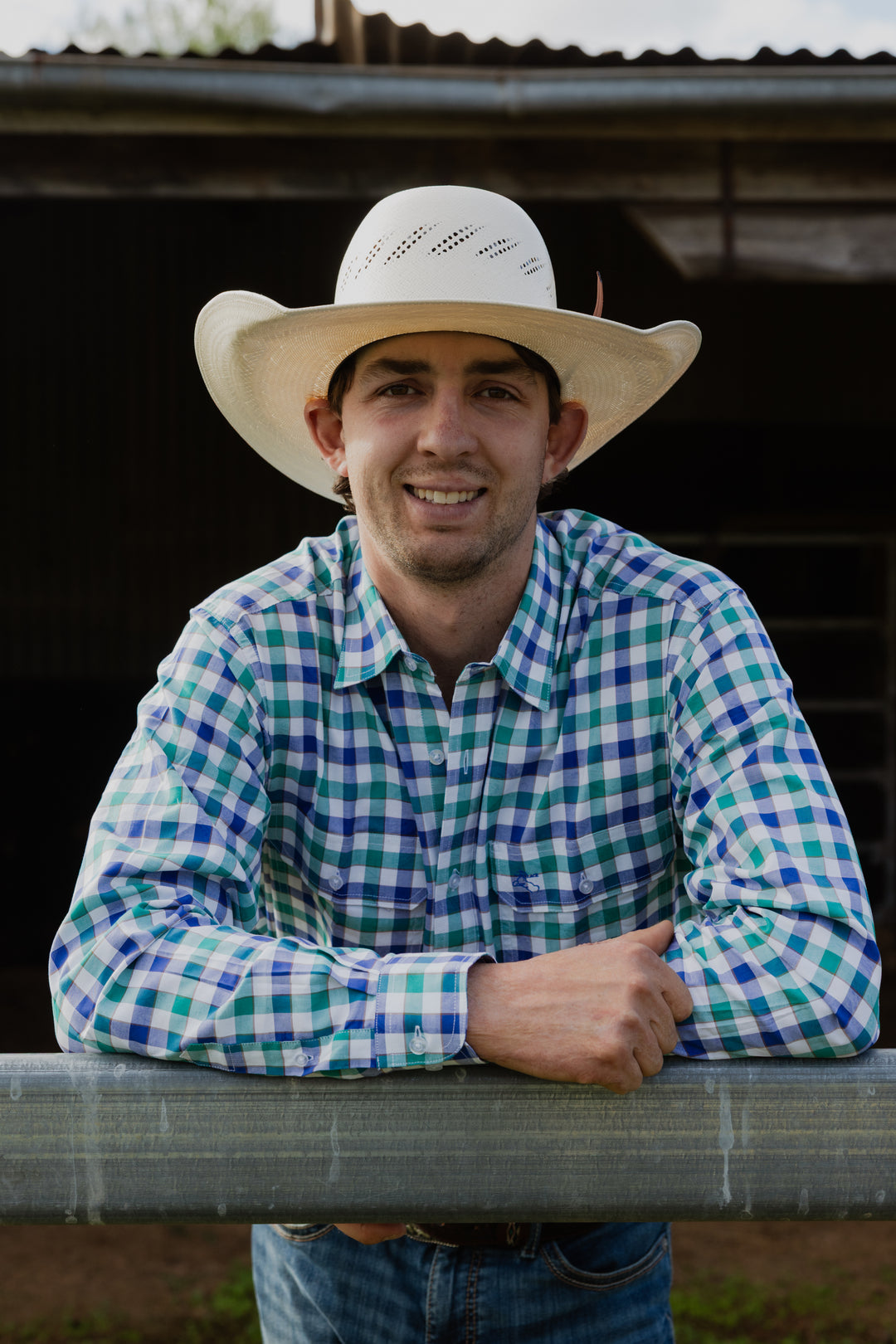 Mens Long Sleeve | FULL button | Blue/Aqua Check