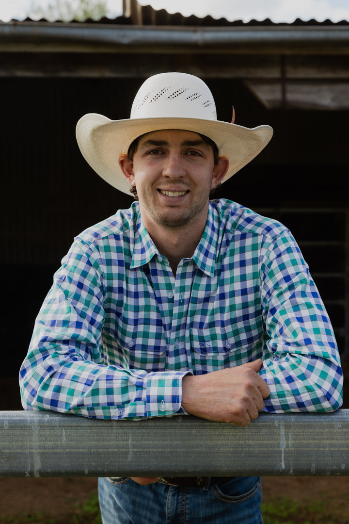 Mens Long Sleeve | FULL button | Blue/Aqua Check