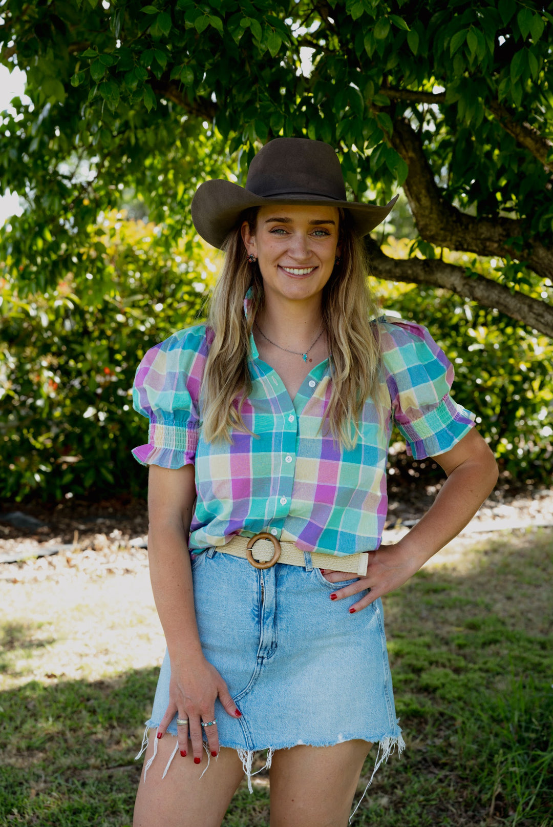 Women's Short Sleeve Shirt - Pastel Check