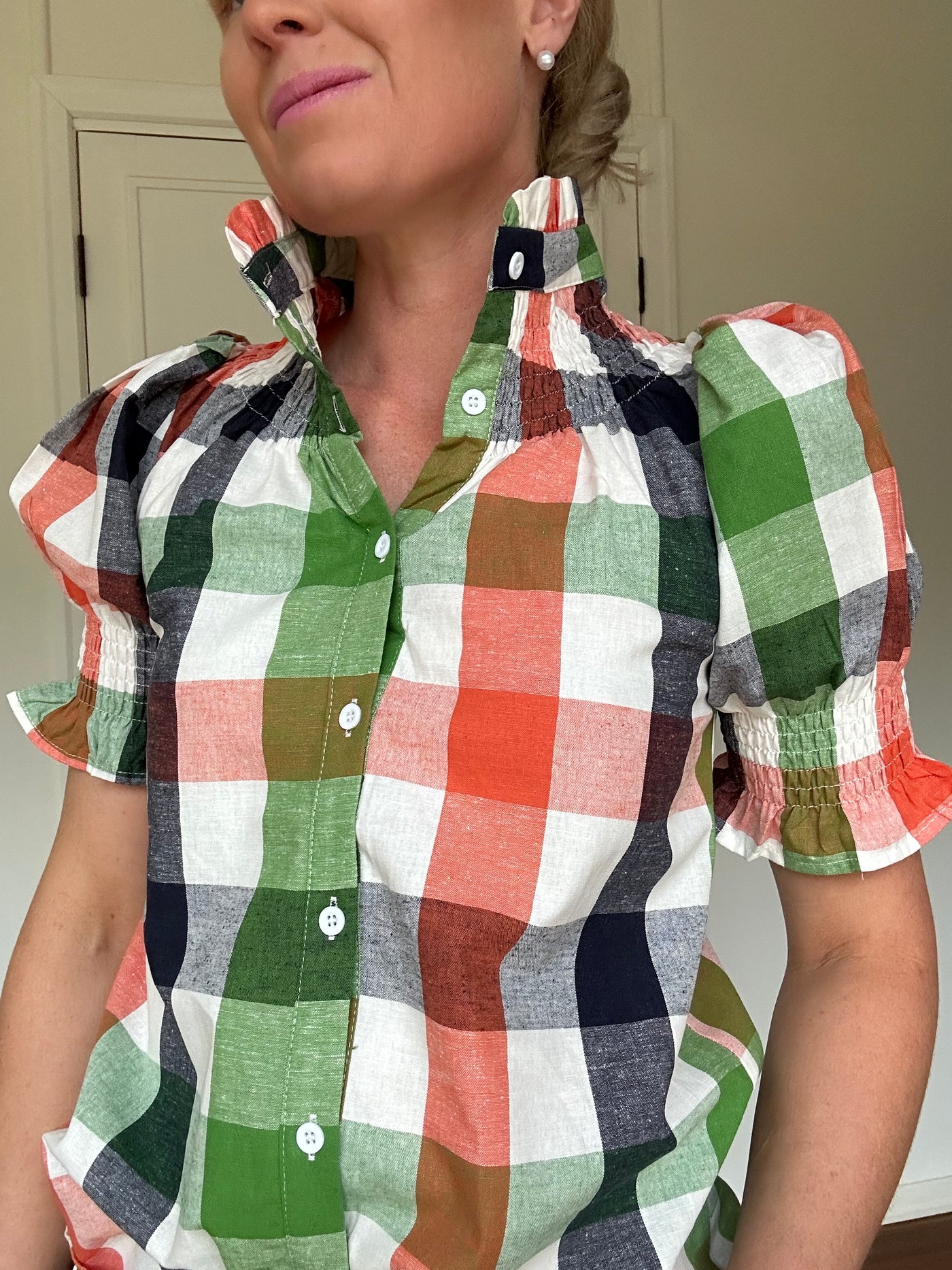 Women's Short Sleeve Shirt - Red & Green Check | Flattering & Durable for Women on the Go