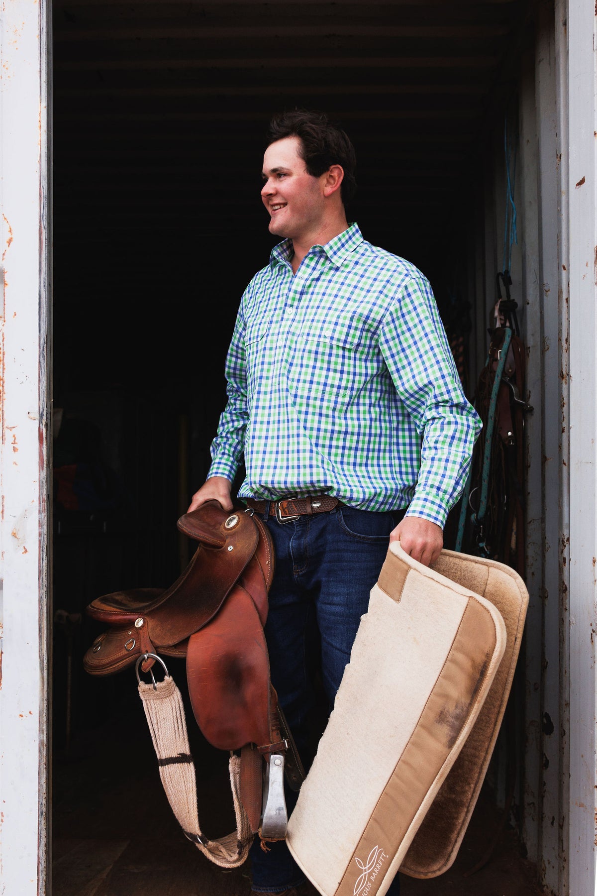 Men's Half Button Shirt - Green & Blue Check