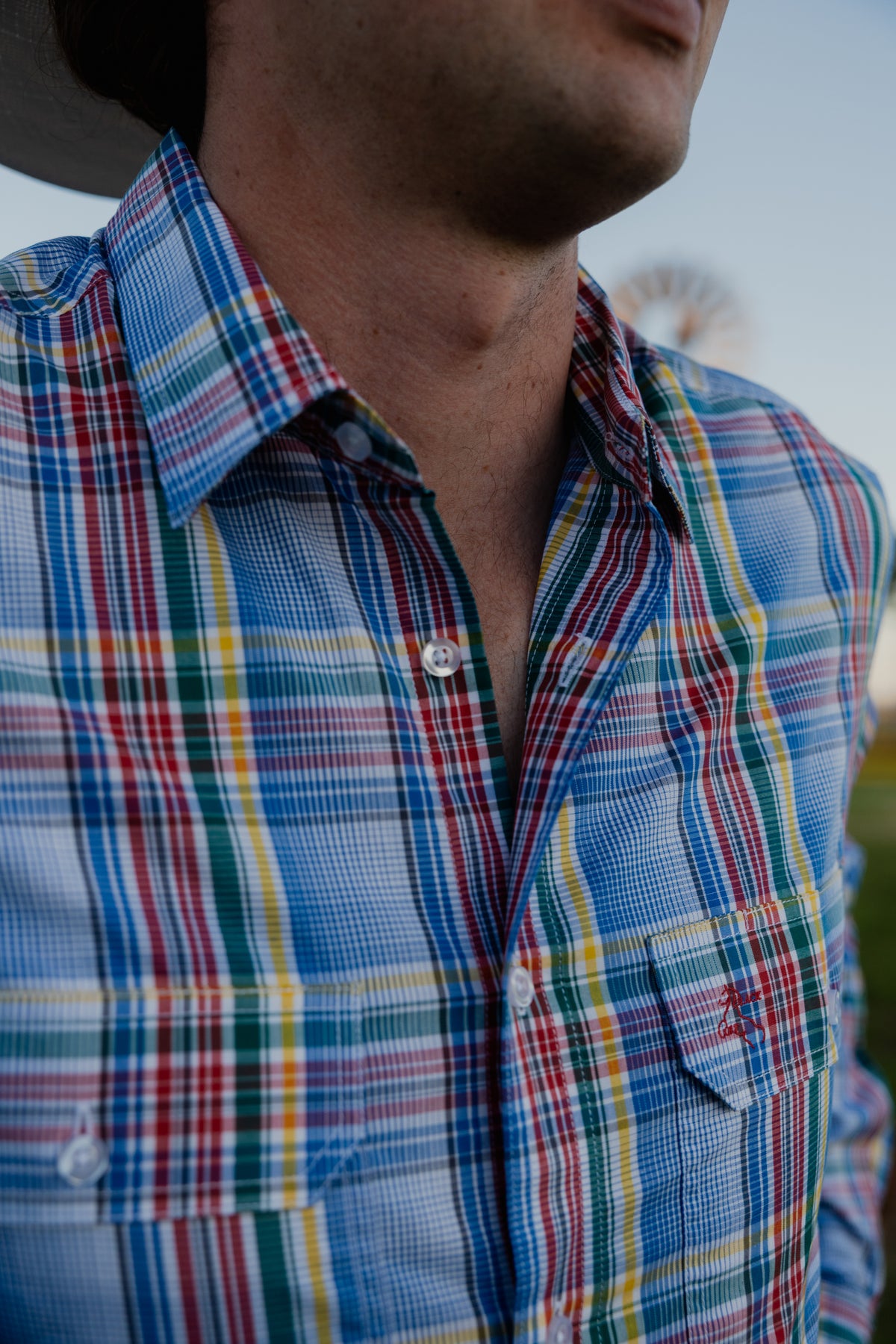 Mens Long Sleeve | FULL button | Blue Rainbow Check
