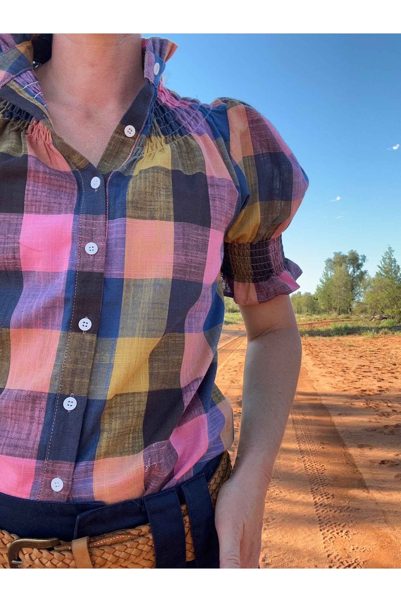 Women's Short Sleeve Shirt - Blue, Pink and Orange Check | Flattering & Durable for Women on the Go