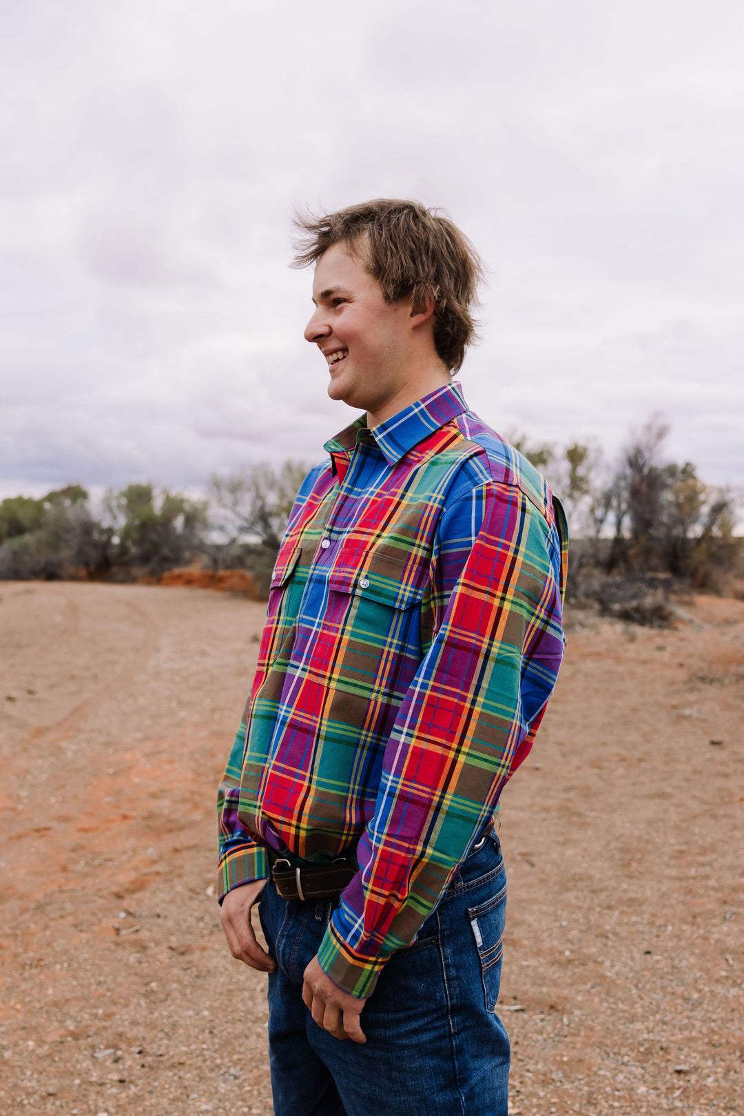 Mens Half Button - Rainbow Check