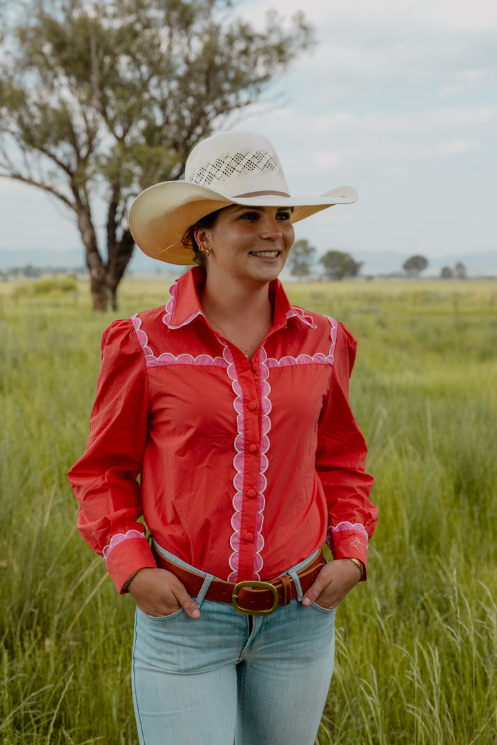 Ivy Scallop Trim Cotton Blouse – RED