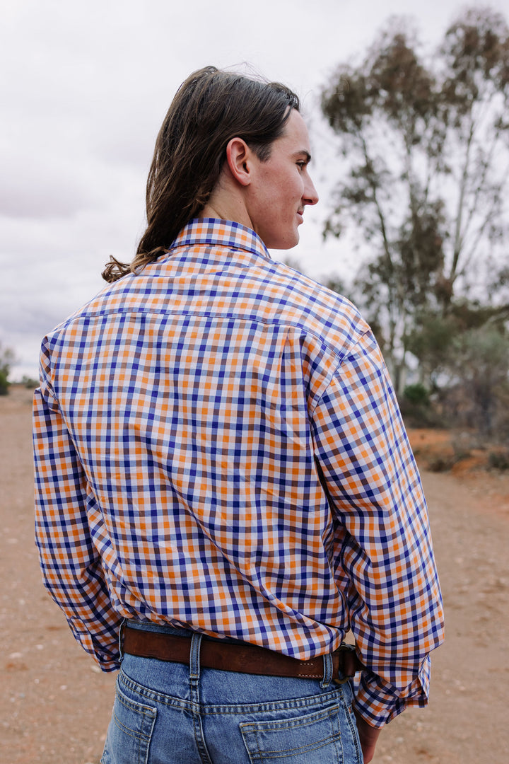 Mens Half Button Shirt - Orange & Blue Check