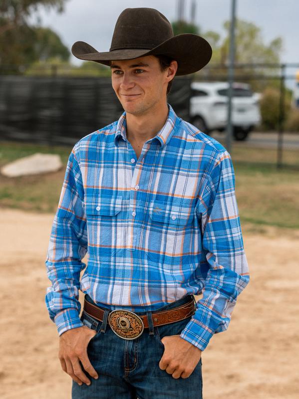 Mens Half Button Shirt - Blue & Orange Seersucker