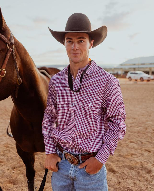 Mens Half Button Shirt - Red Wine Gingham