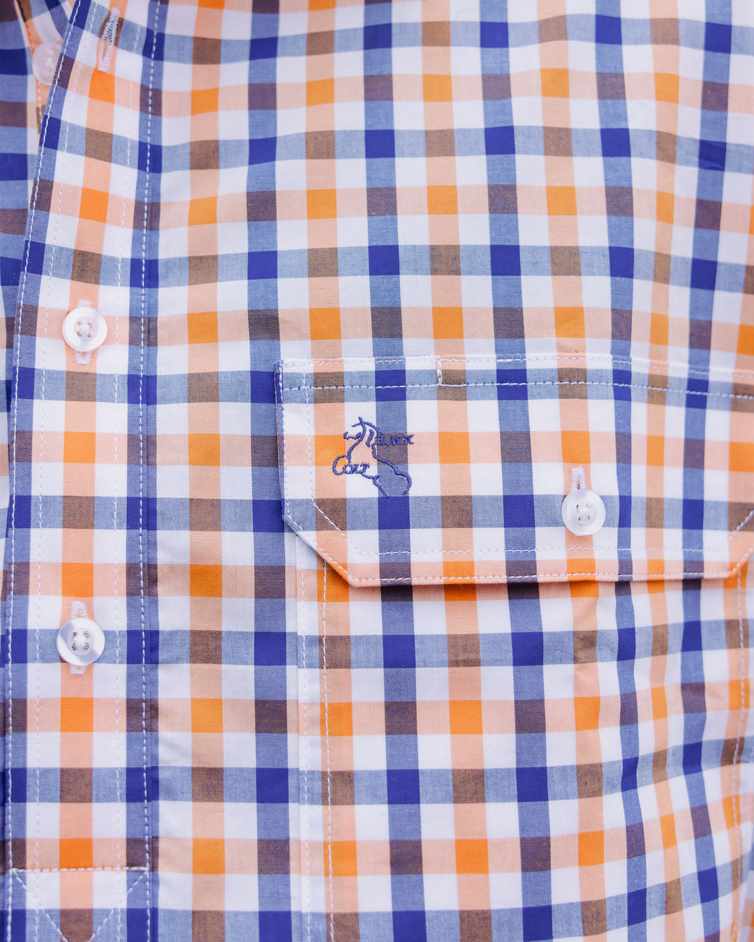 Mens Half Button Shirt - Orange & Blue Check Black Colt Clothing Mens Half Button Shirt - Orange & Blue Check Black Colt Clothing