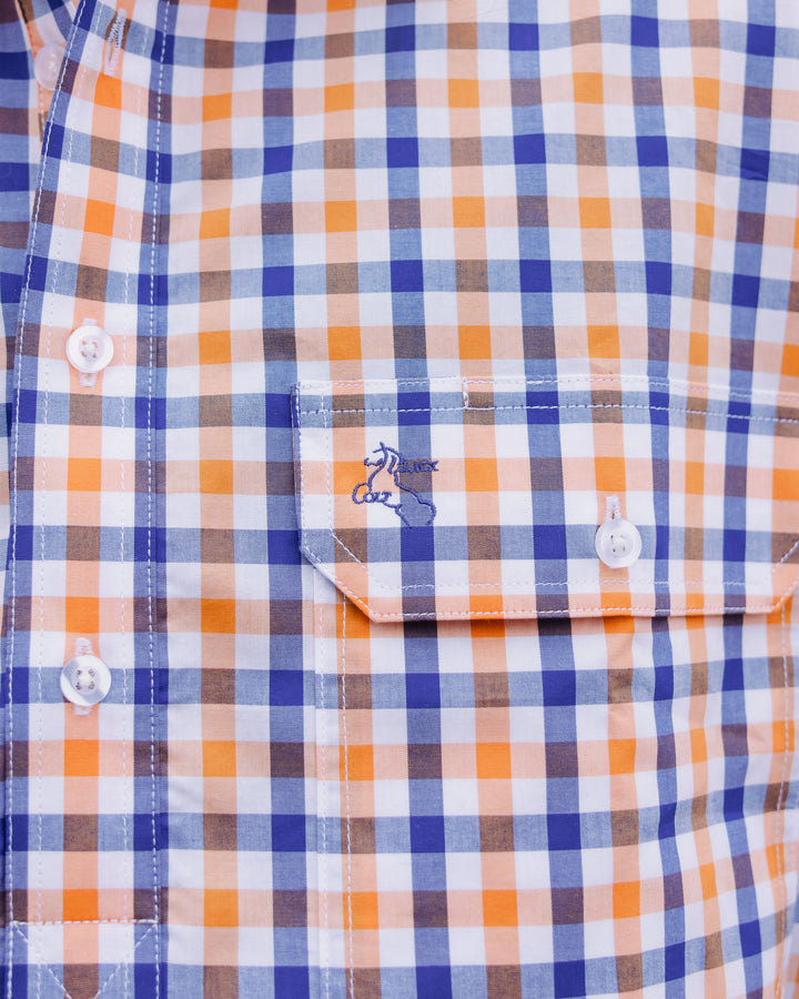 Mens Half Button Shirt - Orange & Blue Check