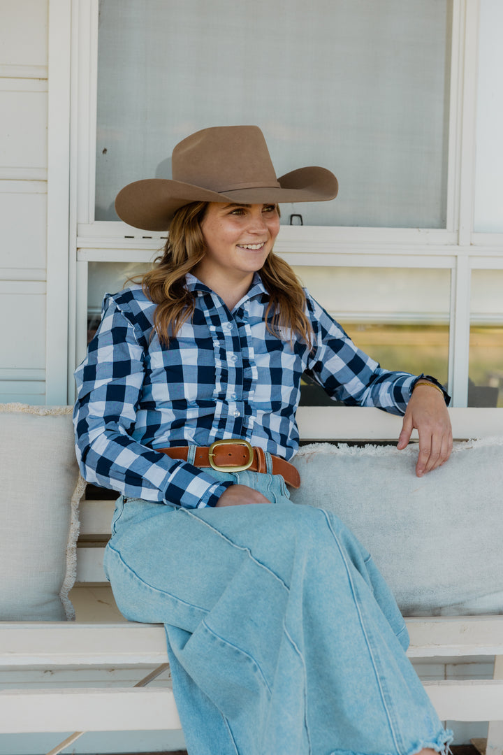 Sara Shirt - Navy Check | Versatile & Durable for All-Day Wear