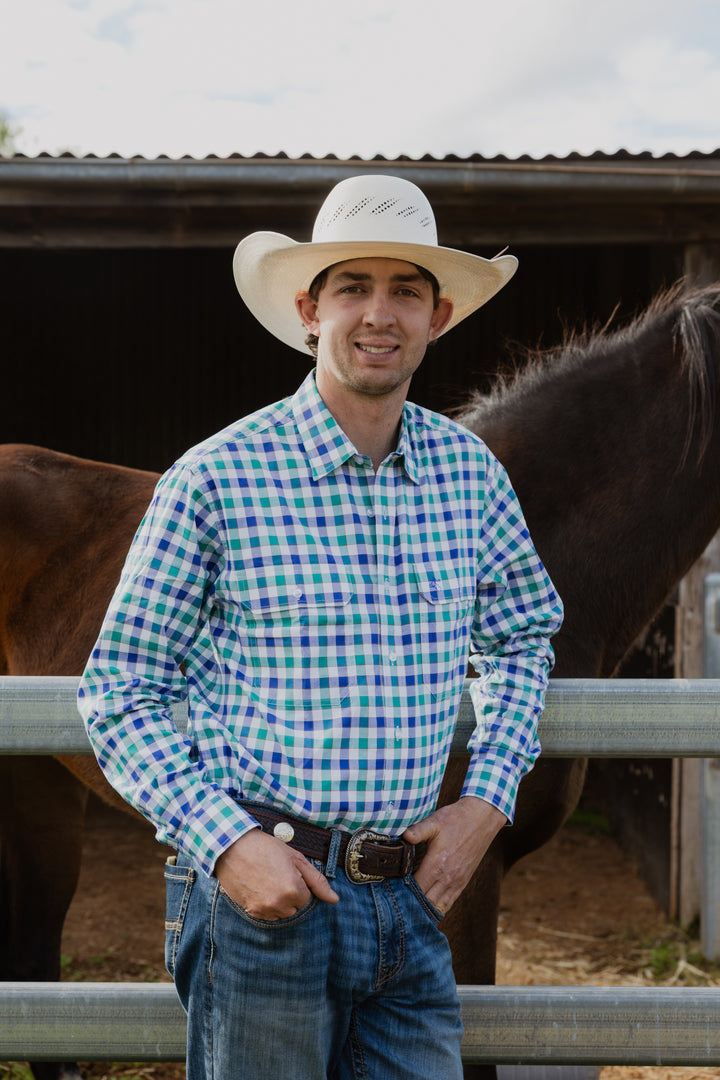 Mens Long Sleeve | FULL button | Blue/Aqua Check