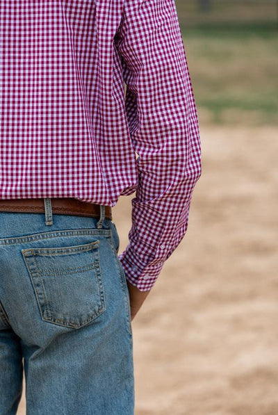 Mens Half Button Shirt - Red Wine Gingham