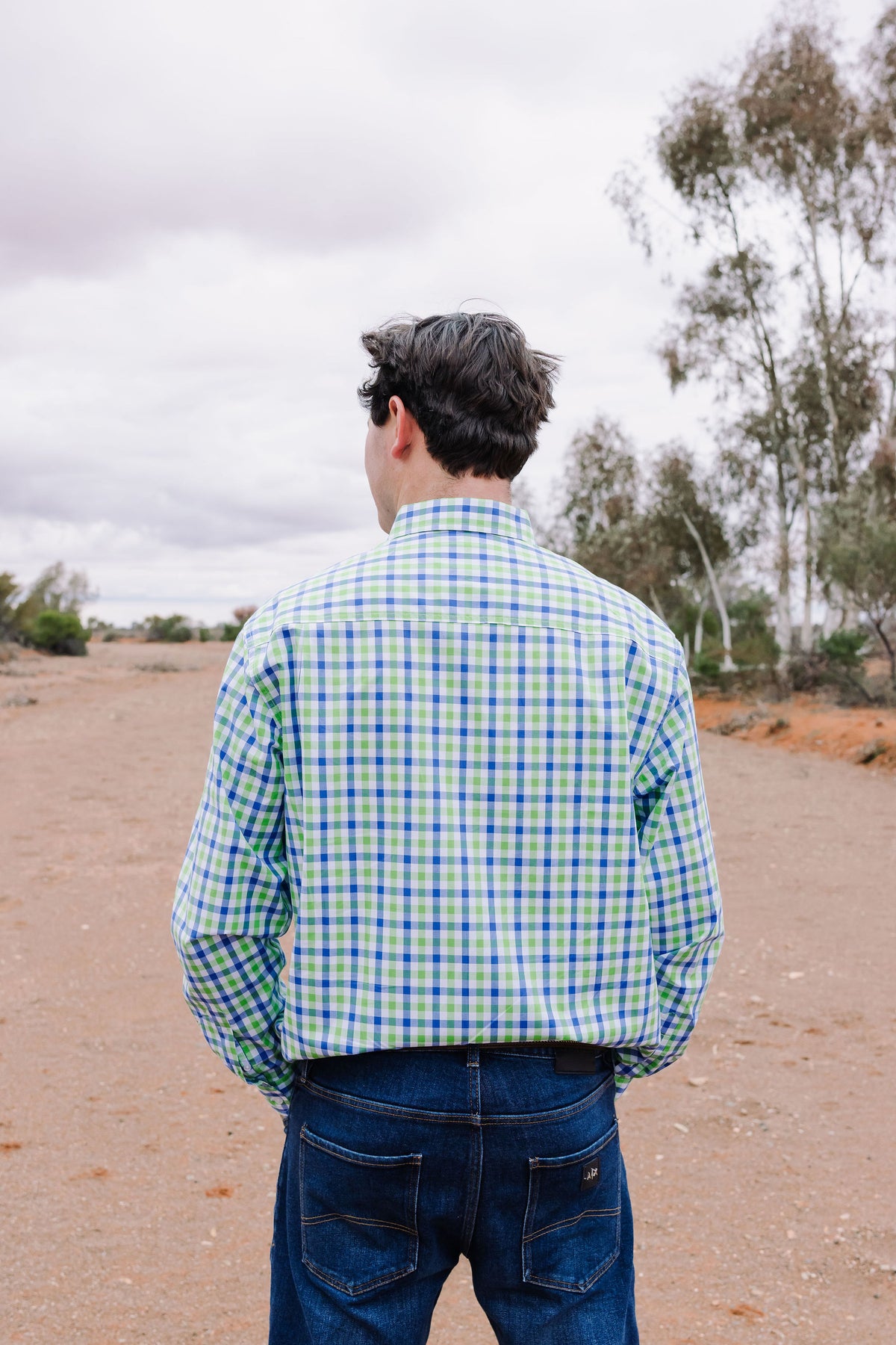 Men's Half Button Shirt - Green & Blue Check