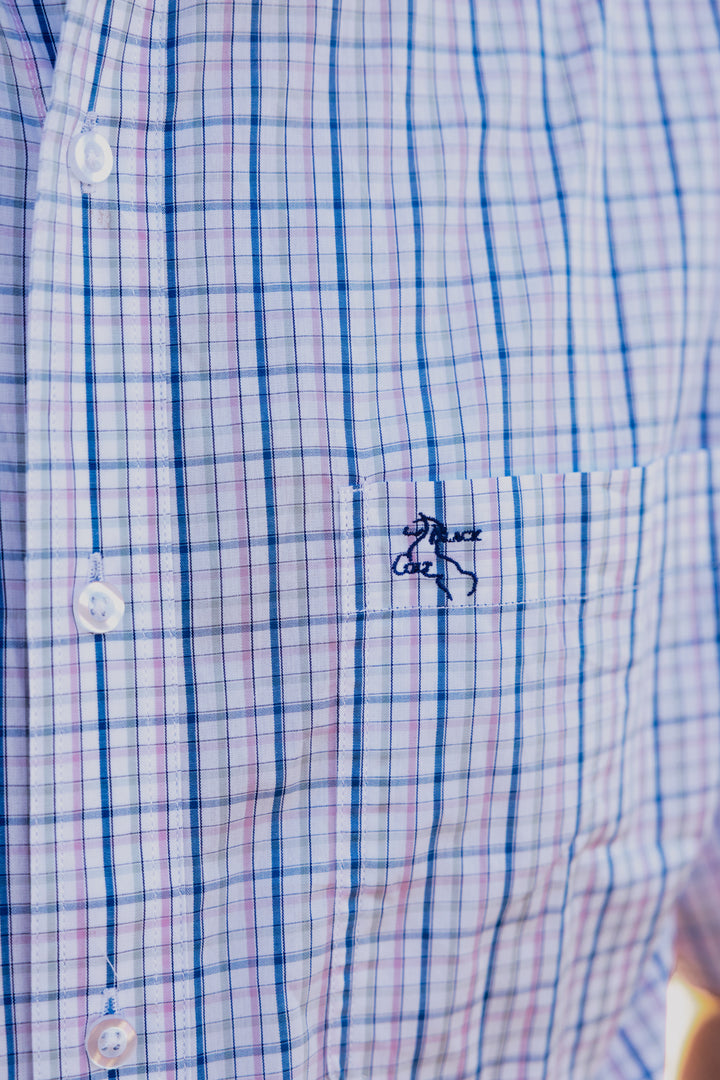 Mens Short Sleeve | Full Button | Blue & pink Check