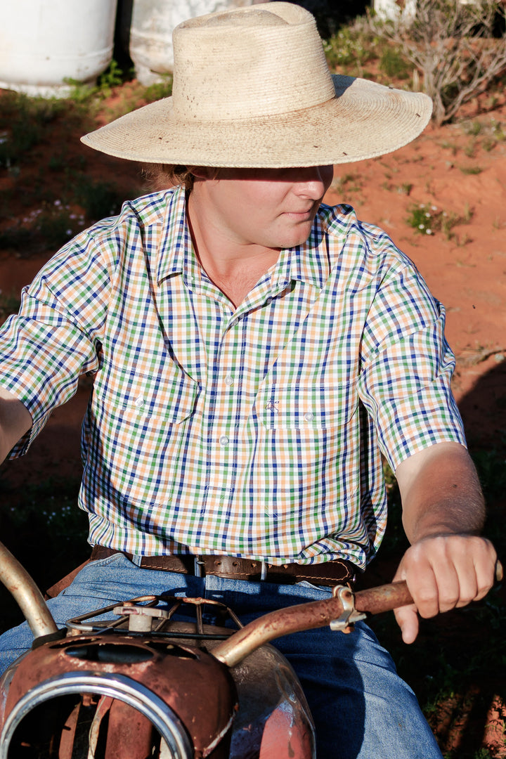Mens Short Sleeve - Orange, Green & Blue Check