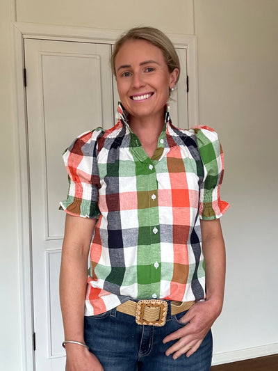 Women's Short Sleeve Shirt - Red & Green Check | Flattering & Durable for Women on the Go